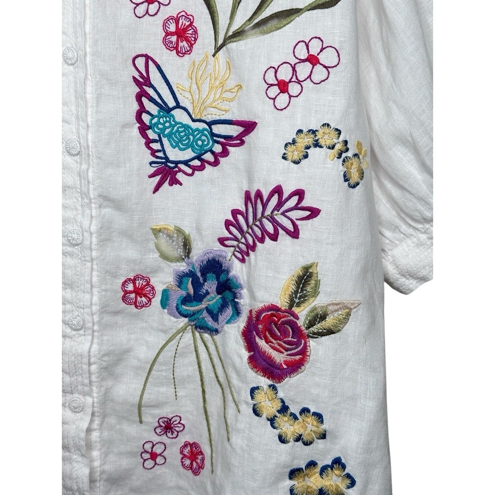 Johnny Was XL Jessi Shirred Yoke Blouse White Linen Embroidered Button Up Top - Picture 9 of 14